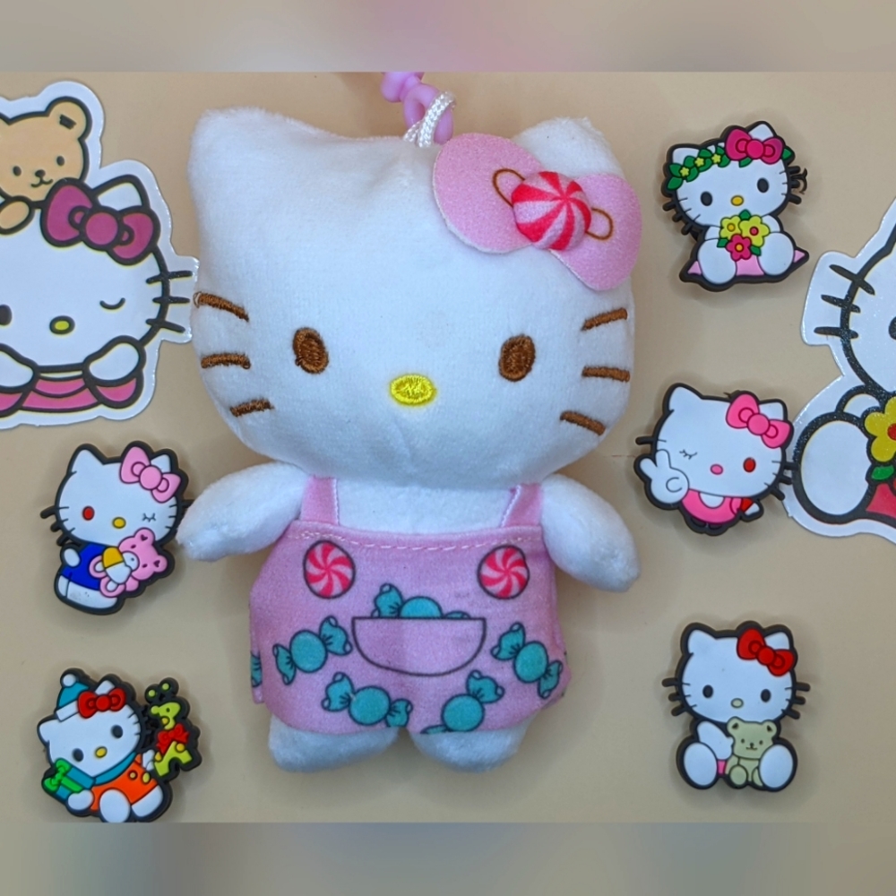 Hello Kitty Bundle w/ Plush Dangler, shoe charms, and stickers